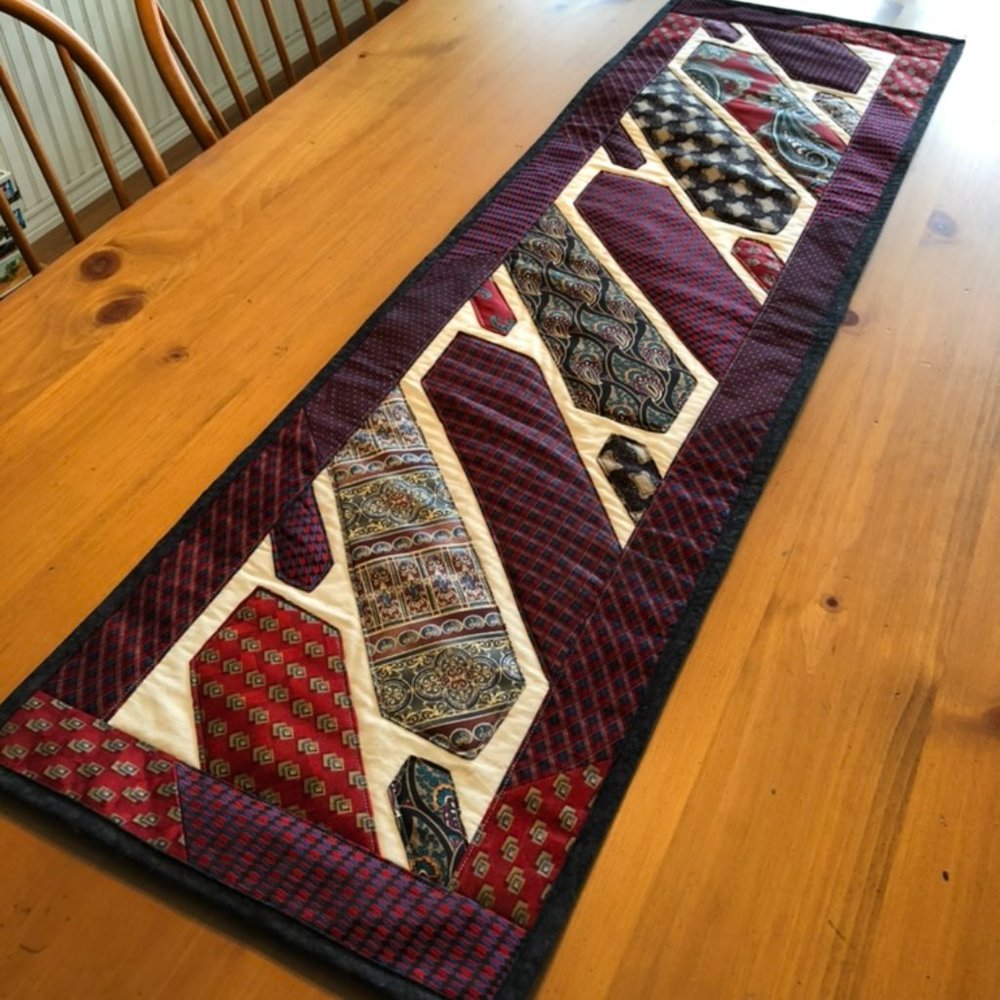 Handmade Necktie quilt wall hanging table runner, memory quilt